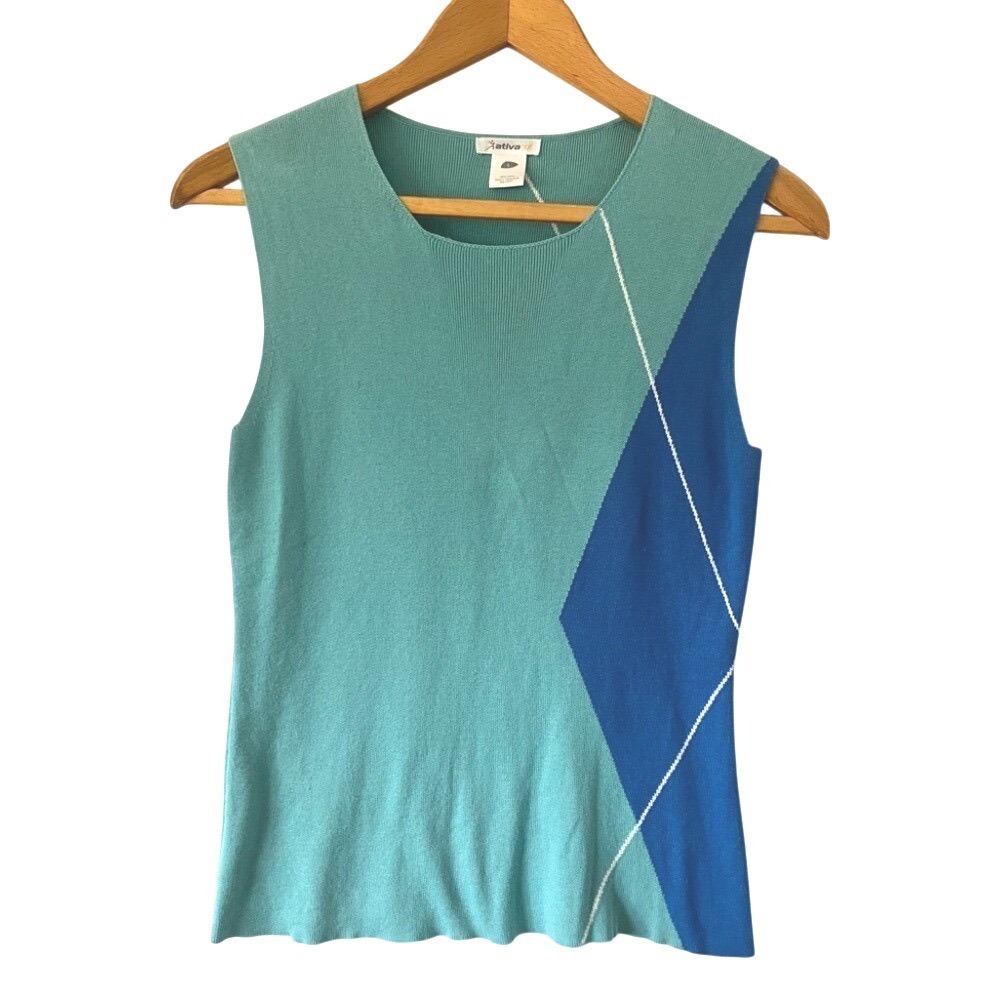 AtivaGolf Teal and Blue‎ Geometric Sleeveless 100% Cotton Top Preppy L